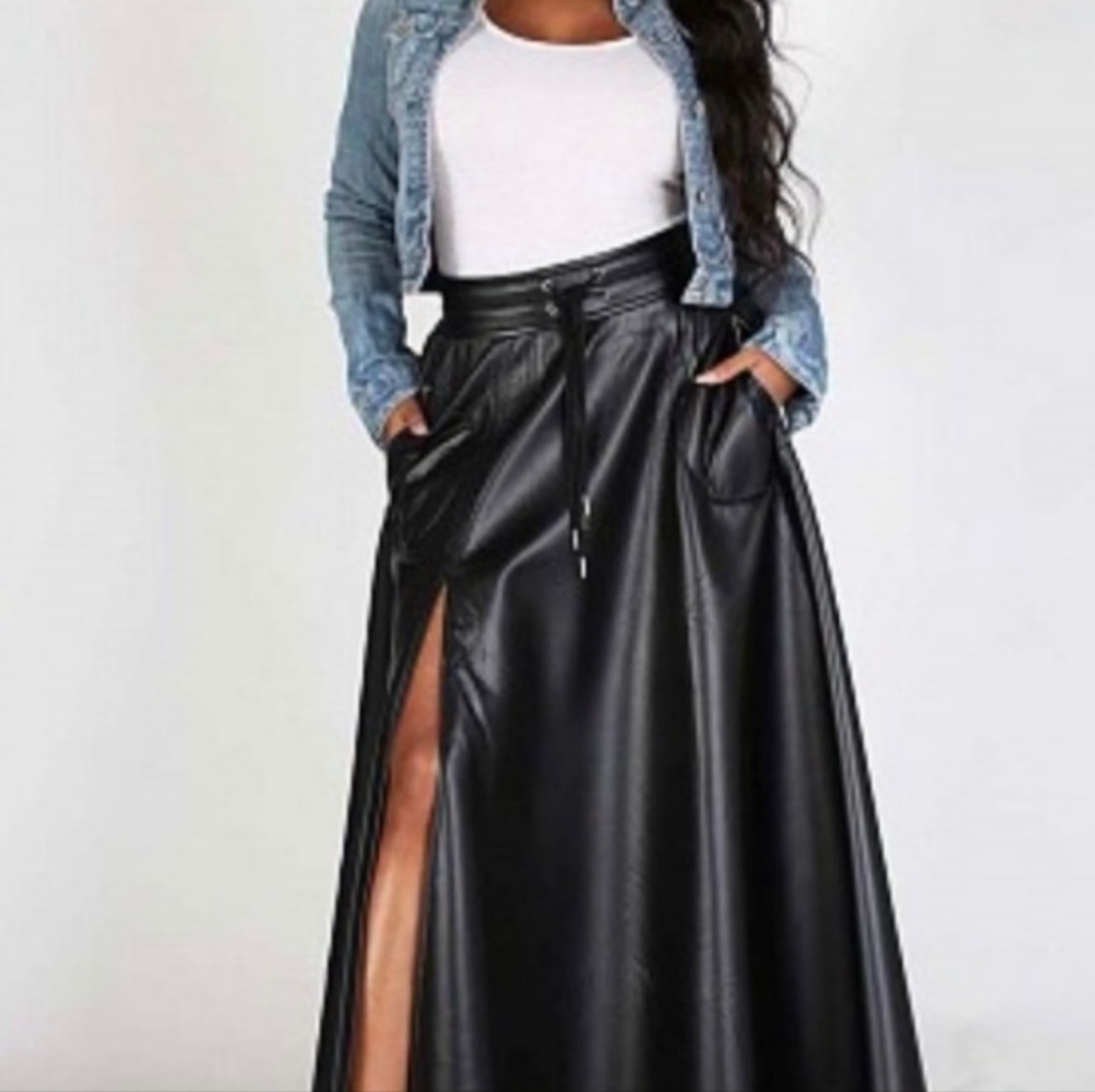 Faux Leather and Techno Maxi Skirt